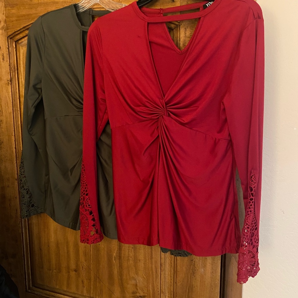 2 Ruched Cut Out Sexy Blouses Red and Green-very stretchy, great fit, size M